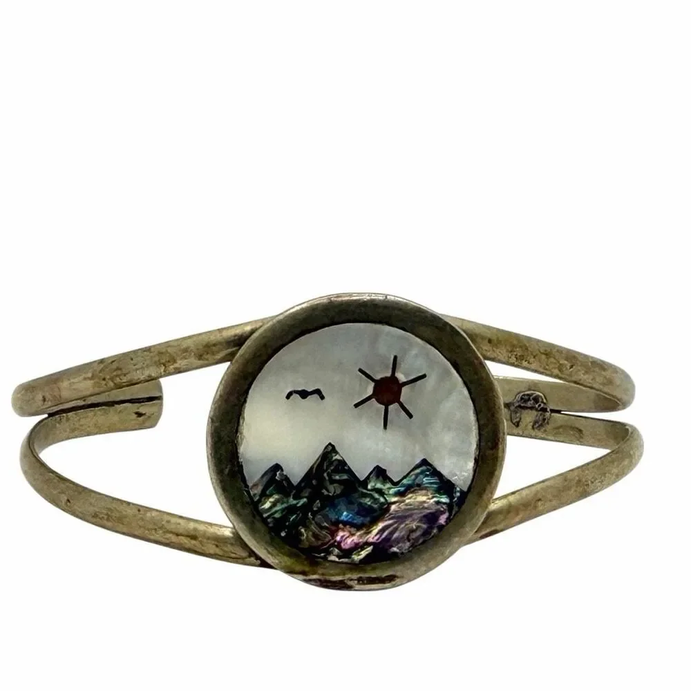 Vintage Mother of Pearl Abalone Mountain Landscape Cuff Bracelet